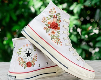 Embroidered Converse High Tops, Rust Orange Floral Sneakers, Botanical Wedding Shoes for Her