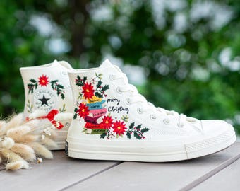 Christmas Book Lover Embroidered Converse High Tops with Poinsettias, Holly and Festive Library Design