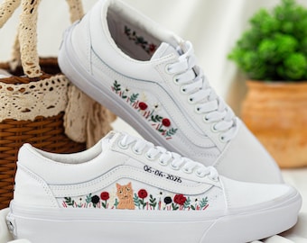 Geborduurde instapsneakers voor bruiloft: aangepaste huisdier en bloemen geborduurde bruidsschoenen, cadeau voor bruid