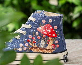 Embroidered Converse High Tops, Mushroom and Cat Woodland Sneakers, Whimsical Floral Gift for Her
