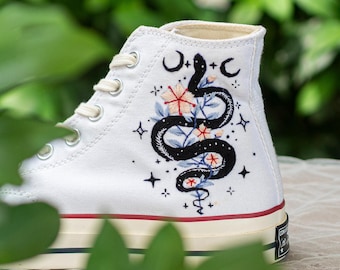 Custom Embroidered Converse 1970s Chuck Taylor, Celestial Snake Moon and Stars High Top Sneakers