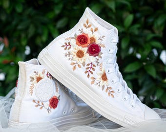 Embroidered Converse High Tops, Burgundy Floral Wedding Sneakers, Romantic Wildflower Shoes for Bride