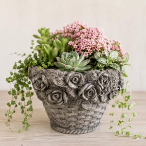 May include: A gray stone-look planter with a basket-weave texture and sculpted rose details, filled with a variety of green succulents, small pink flowers, and trailing vines that drape over the sides of the decorative container.