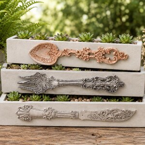 Vintage Cutlery Planter Boxes | Concrete Succulent Planter Pots | Long Horizontal Planter | Windowsill Planter Pot | 12 Inch Planter