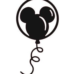 May include: A black silhouette of a balloon in the shape of Mickey Mouse's head. The balloon is inside a circle and has a curly string. The design is simple and graphic, suitable for various applications.