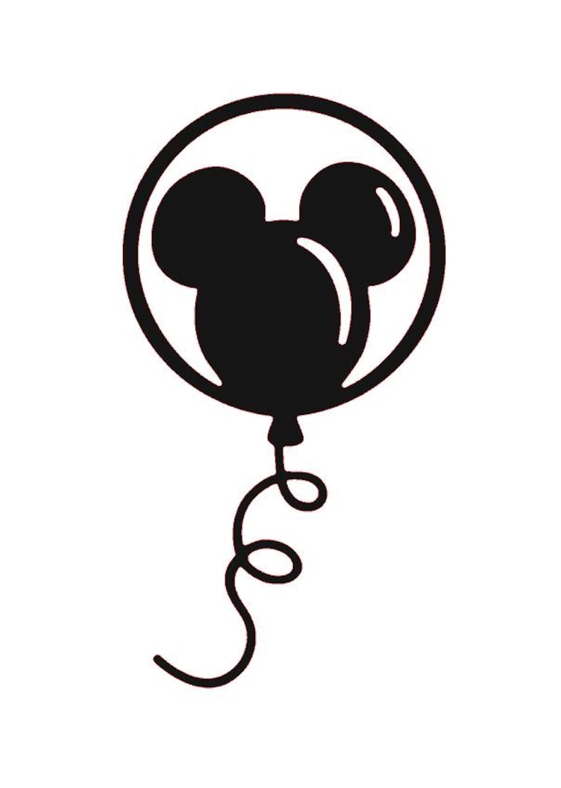 May include: A black silhouette of a balloon in the shape of Mickey Mouse's head. The balloon is inside a circle and has a curly string. The design is simple and graphic, suitable for various applications.