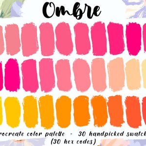 Ombre - Palette Procreate, 30 codes HEX, bonnes notes, agenda numérique, échantillons tropicaux, couleurs pastel rose-orange, dégradé assorti