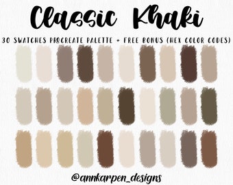 Classic Khaki Procreate Palette, 30 HEX Color Codes, Instant Digital Download, iPad Pro Art Illustration, Pastel Natural Color Swatches