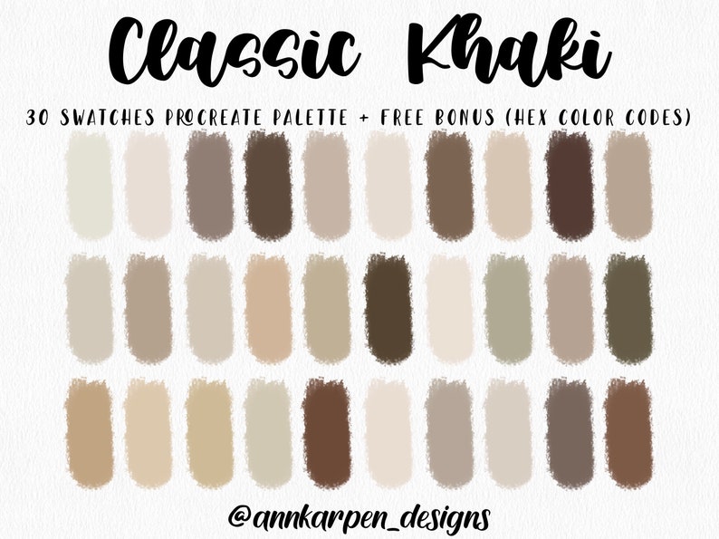 Classic Khaki procreate palette assorted nude beige warm color swatches with hex codes by AnnKarpenDesigns on Etsy.