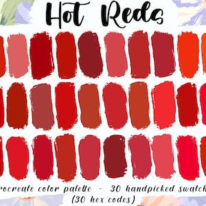 Hot Reds - Procreate Palette, 30 HEX Color Codes, Good Notes, Instant Download, iPad Illustration, Intense Red Swatches, Digital Planner