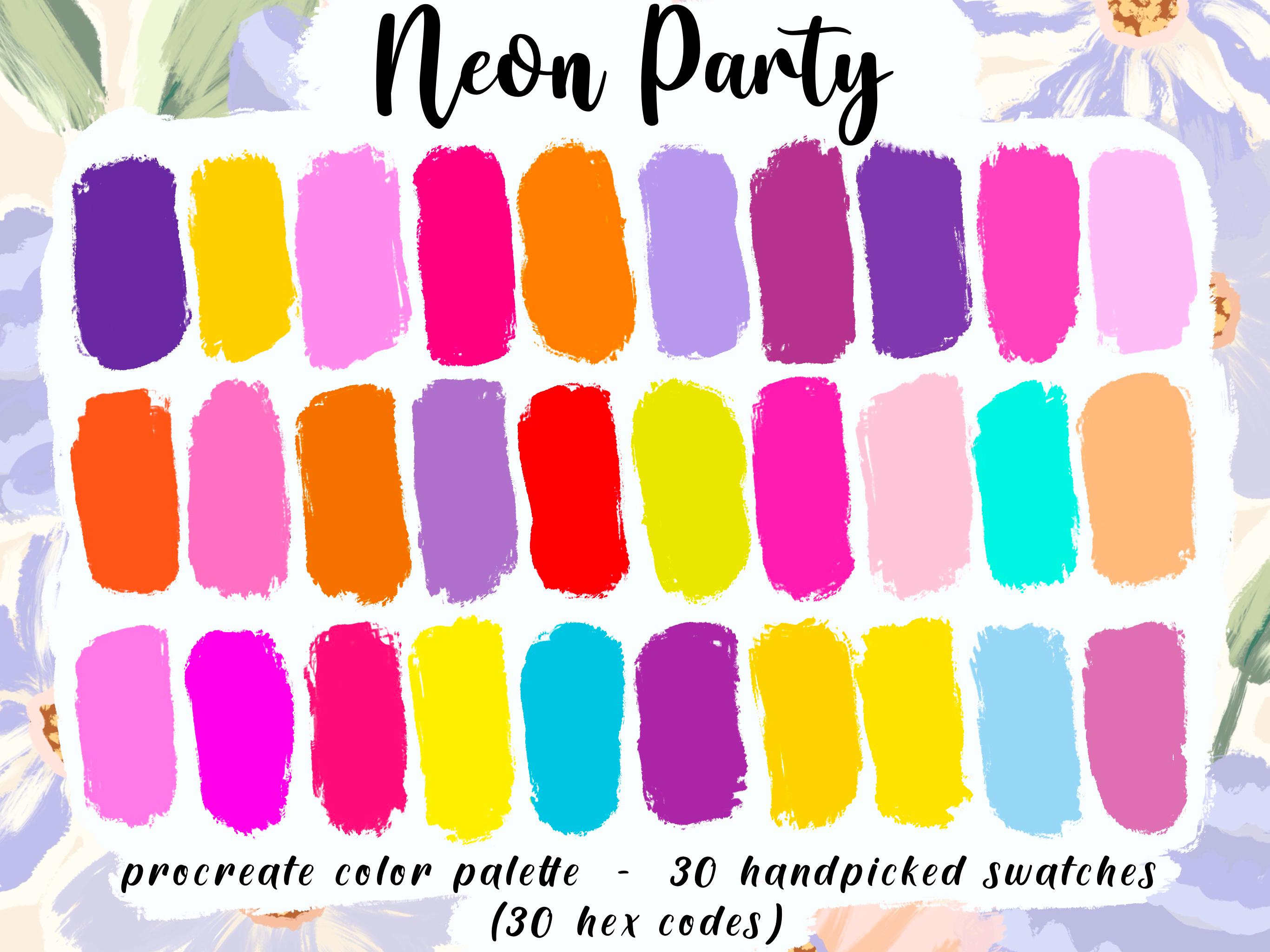 Neon Party Procreate Palette – 30 Bright HEX Color Swatches, Instant Digital Download for iPad Pro