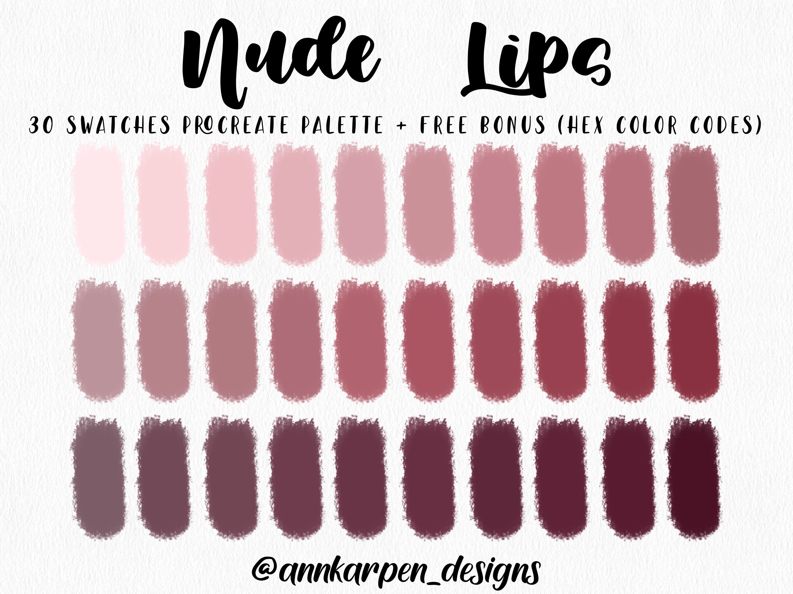 Nude Lips Procreate Palette, 30 HEX Color Codes, Instant Digital