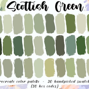 Scottish Green - Procreate Palette, 30 Warm Color Swatches, Digital Download, HEX Codes, Soft Washed Green Shades