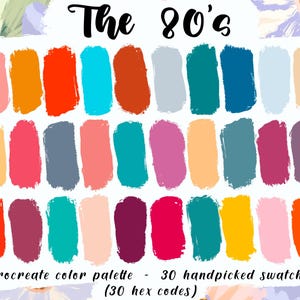 Années 80 - Palette de couleurs de l'application Procreate, 30 codes hexadécimaux, téléchargement immédiat, échantillons rétro lumineux, bonnes notes, agenda numérique, projets de bricolage
