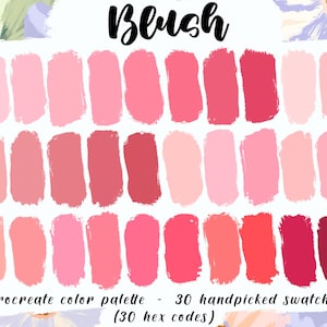 Fard à joues - Palette Procreate rose, 30 codes hexadécimaux, illustration iPad Pro, nuances pastel assorties, rose tendre rouge