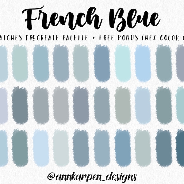 French Blue Procreate Palette, 30 HEX Color Codes, Instant Digital Download, iPad Pro Art Illustration, Cool Pastel Blue Grey Color Swatches