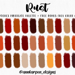 Rust Procreate Palette, 30 HEX Codes, Instant Digital Download, Good Notes, iPad Art Illustration, Deep Red Brown Assorted Color Swatches