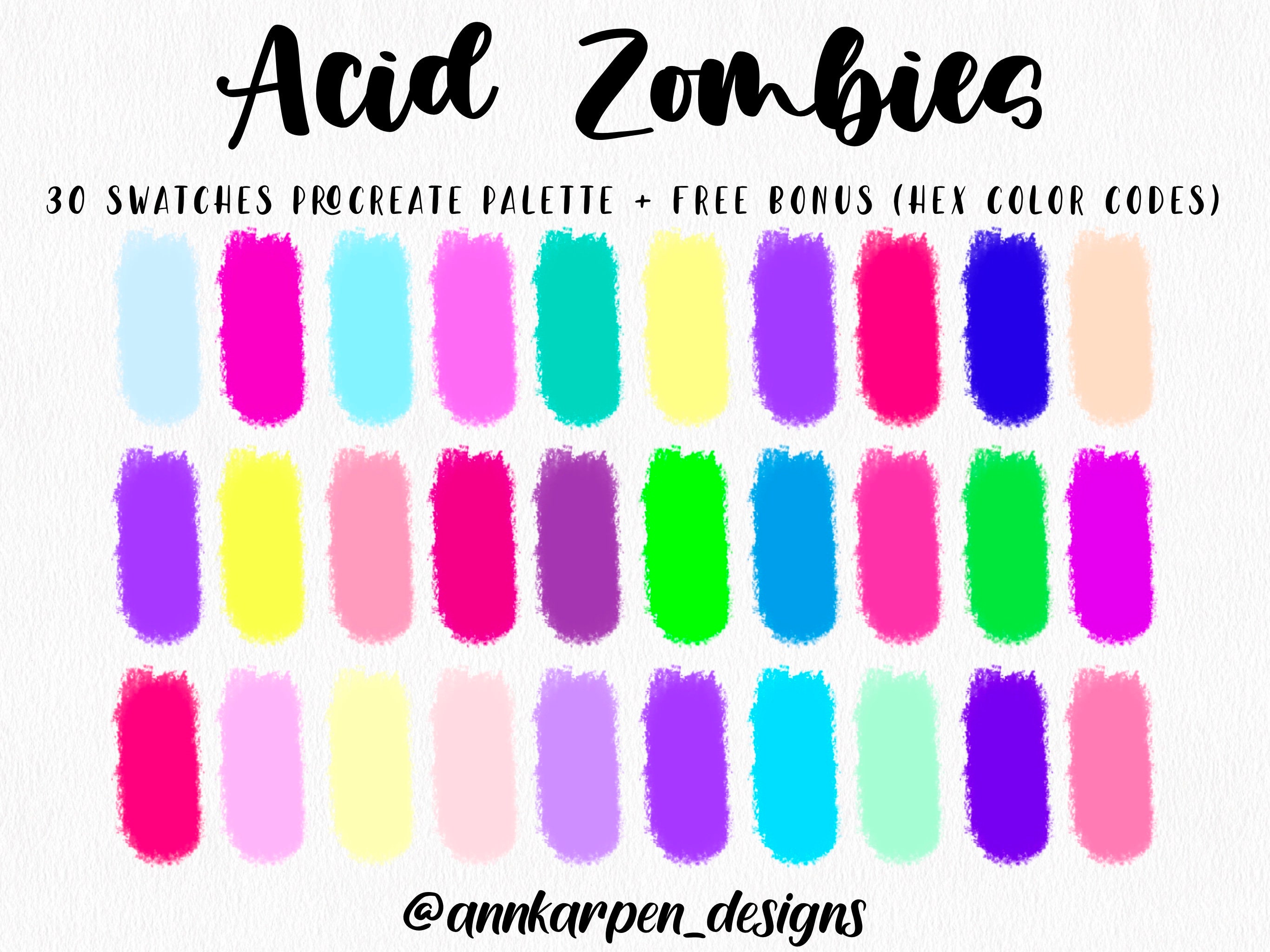 Acid Zombies Procreate Palette, 30 HEX Color Codes, Neon Color Swatches