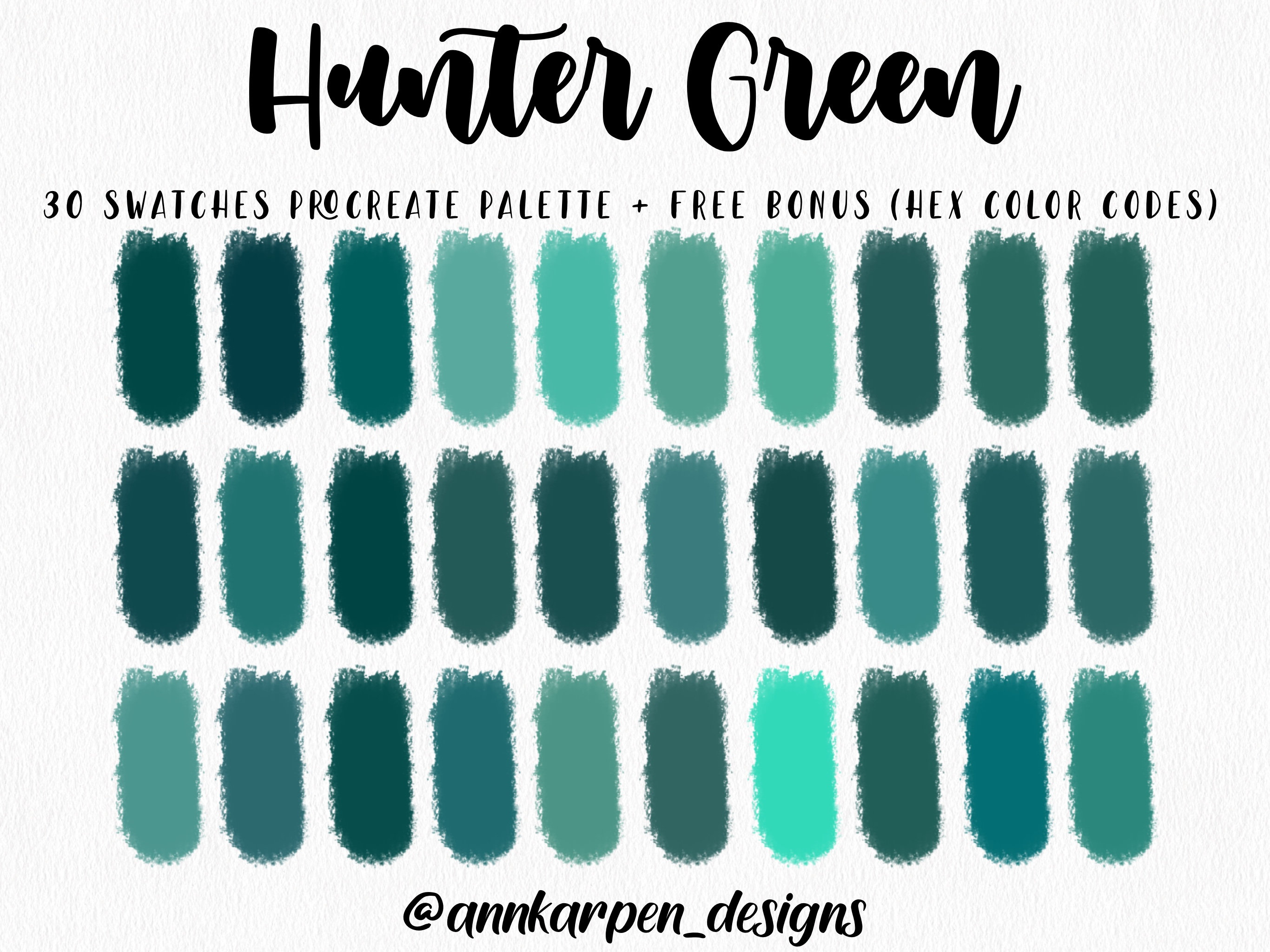 Hunter Green Procreate Palette, 30 HEX Color Codes, Instant Digital  Download, iPad Pro Art Forest Illustration, Cool Teal Color Swatches
