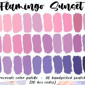 Atardecer con flamencos - Paleta de colores para Procreate, 30 códigos hexadecimales, Buenas notas, Kawaii, iPad Pro, Muestras de colores pastel, Arte anime