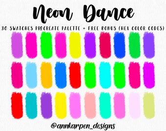 Neon Dance Procreate Palette, 30 HEX Color Codes, Good Notes Planner, Digital Download, Art Illustration, Bright Acid Comics Color Swatches