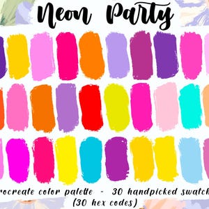 Fête néon - Palette Procreate, 30 codes de couleur HEX, téléchargement immédiat, illustration pour iPad Pro, nuances lumineuses, thème estival, bonnes notes