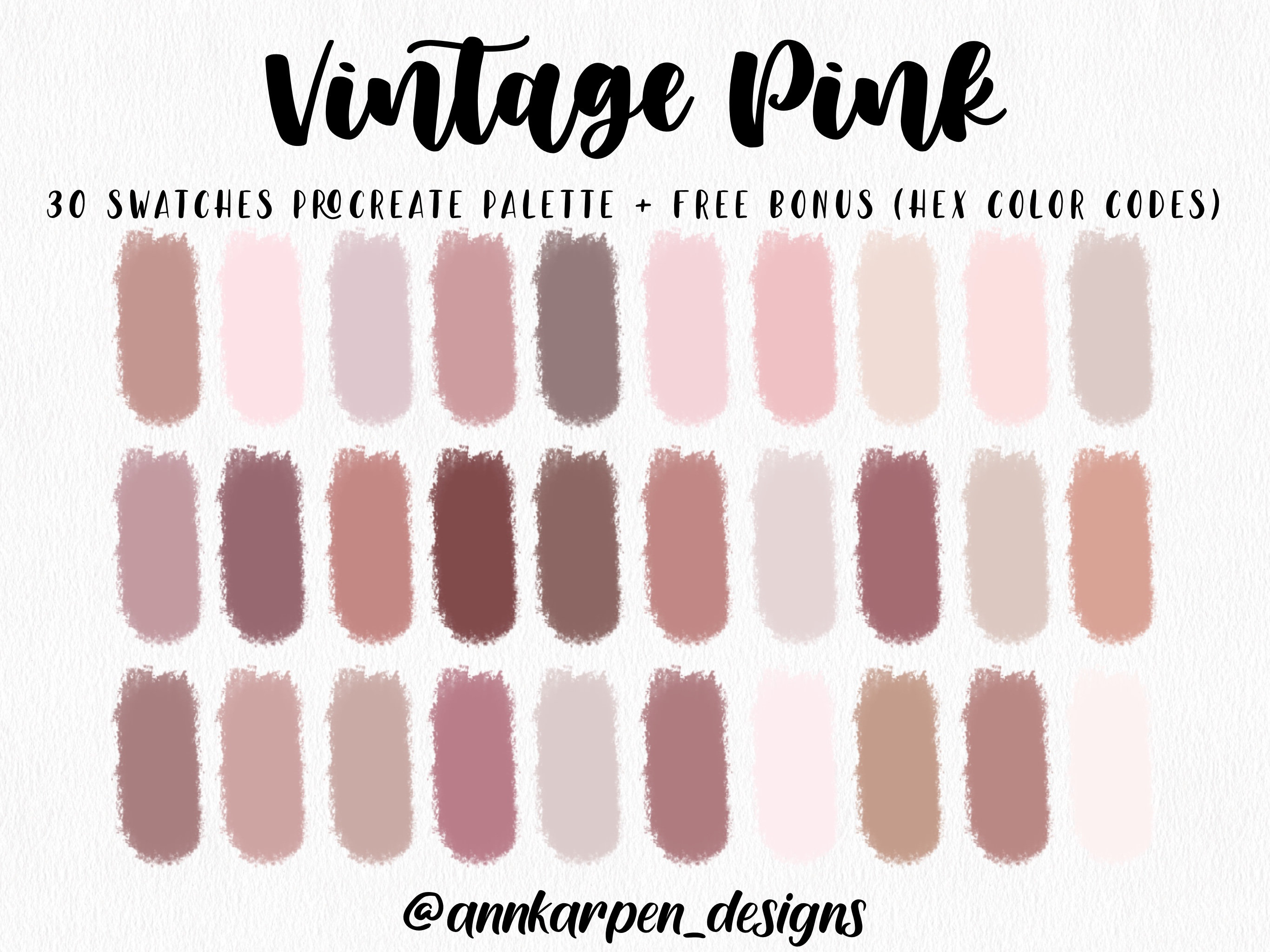 Vintage Pink Procreate Palette 30 HEX Color Codes Instant Digital Download iPad Pro Art Illustration Nude Dusk Rose Color Swatches