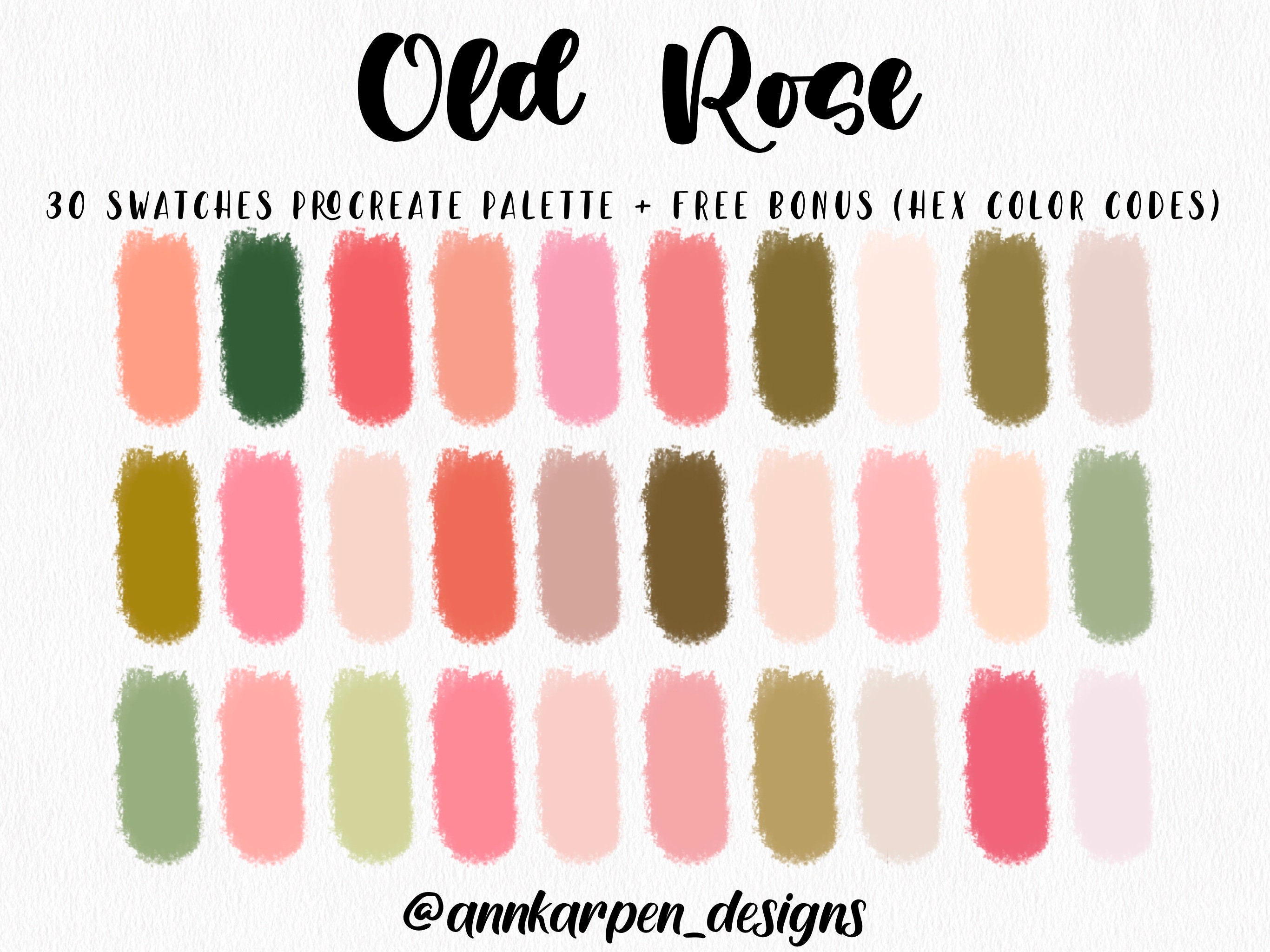 Old Rose Procreate Palette, 30 HEX Color Codes, Instant Digital Download,  iPad Pro Art Illustration, Soft Pink Green Floral Color Swatches