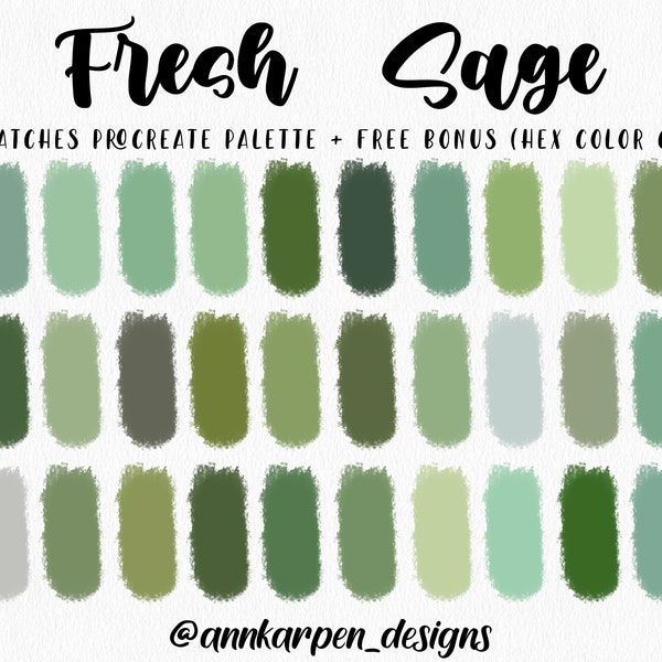 Fresh Sage Procreate Palette, 30 HEX Color Codes, Instant Digital Download, iPad Pro Art, Green Illustration, Herbs Color Swatches, Assorted