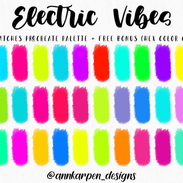 Electric Vibes Procreate Palette, 30 HEX Color Codes, Instant Digital Download, iPad Pro Art Illustration, Vivid Bright Neon Color Swatches