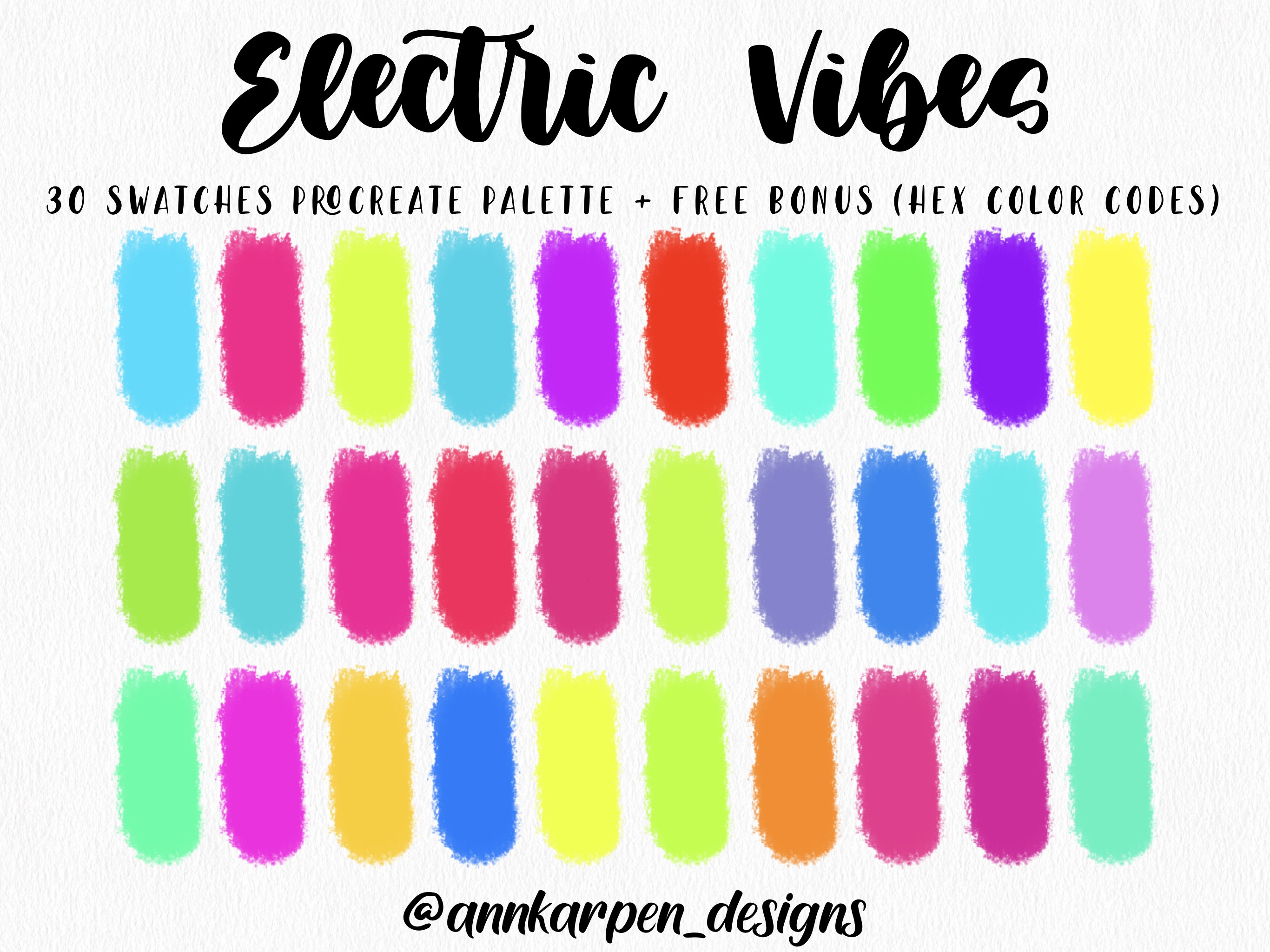 Paleta Electric Vibes para Procreate – 30 muestras de colores neón HEX para arte digital en iPad
