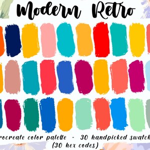 Modern Retro - Procreate Palette, 30 Bright Color Swatches, HEX Codes Included, Digital Download, Good Notes, Digital Planner Tools