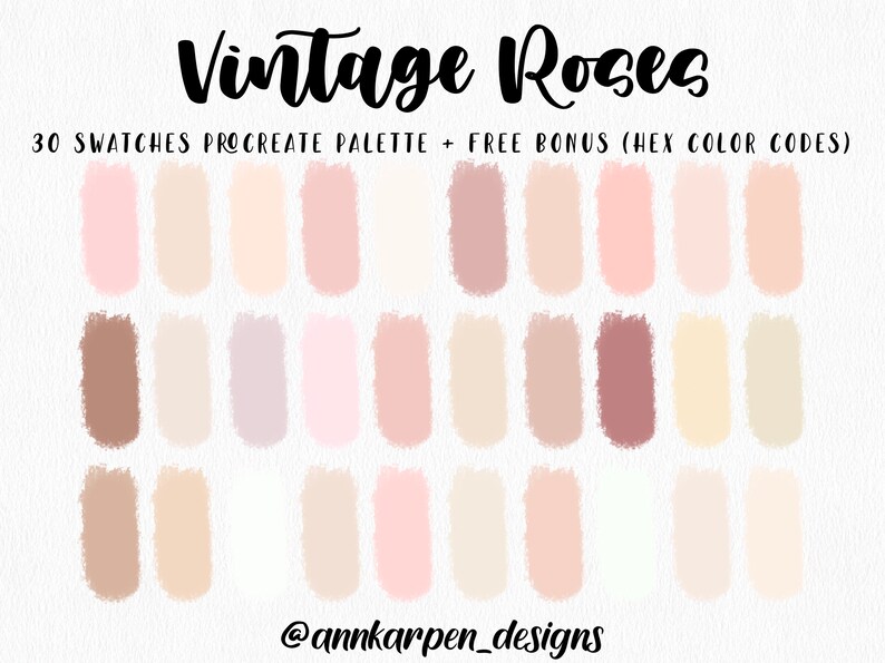 Vintage Roses Procreate Palette, 30 HEX Color Codes, Pastel Pink Color ...