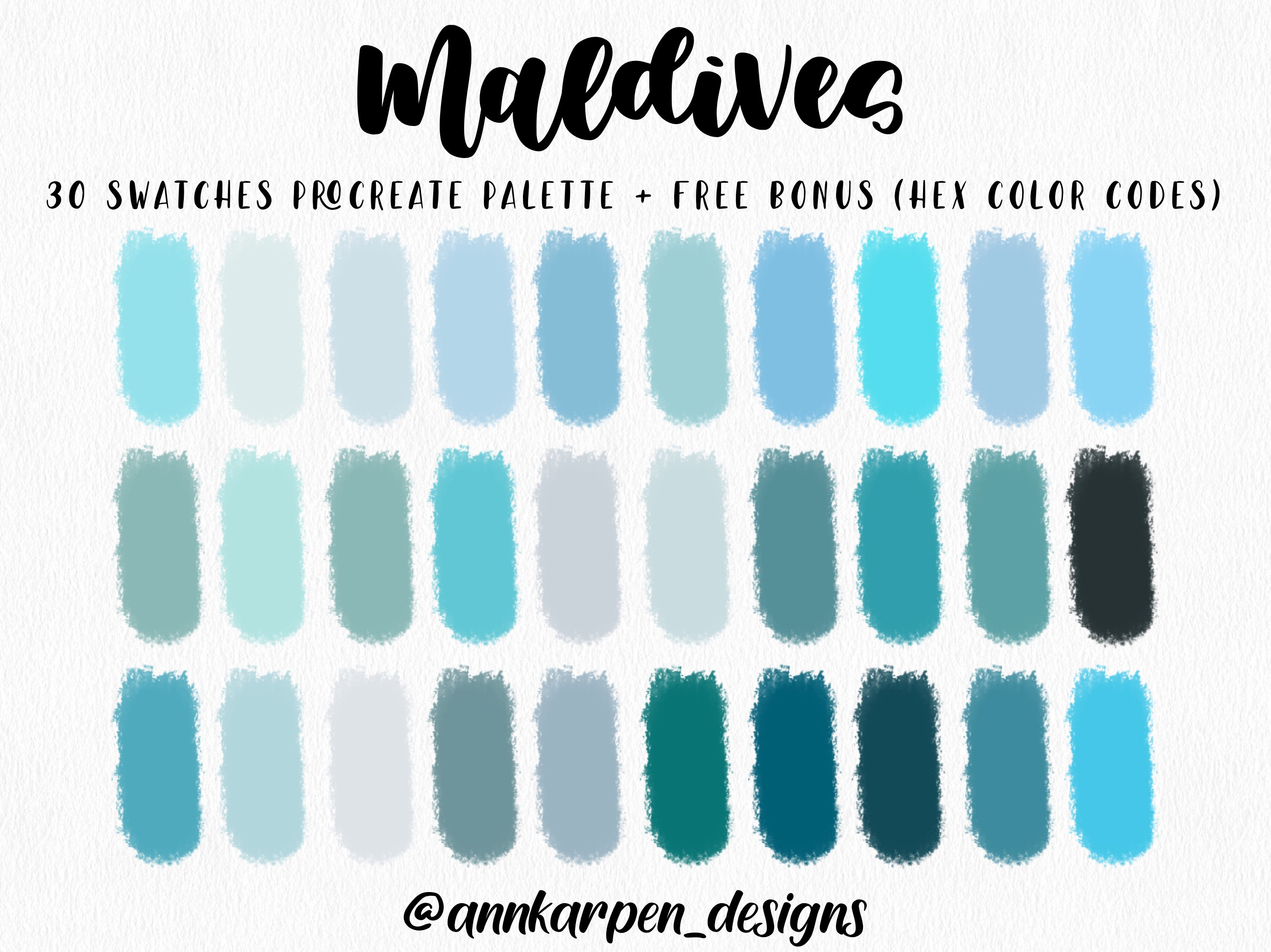 Maldives Procreate Palette, Hand Picked 30 HEX Colors, Blue