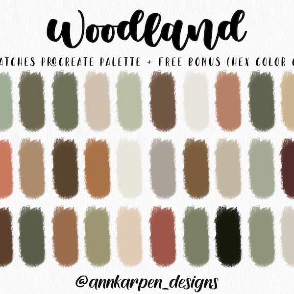 Woodland Procreate Palette 30 HEX Handpicked Colors, Instant Digital Download iPad Pro App Art Illustration, Assorted Green Brown Swatches