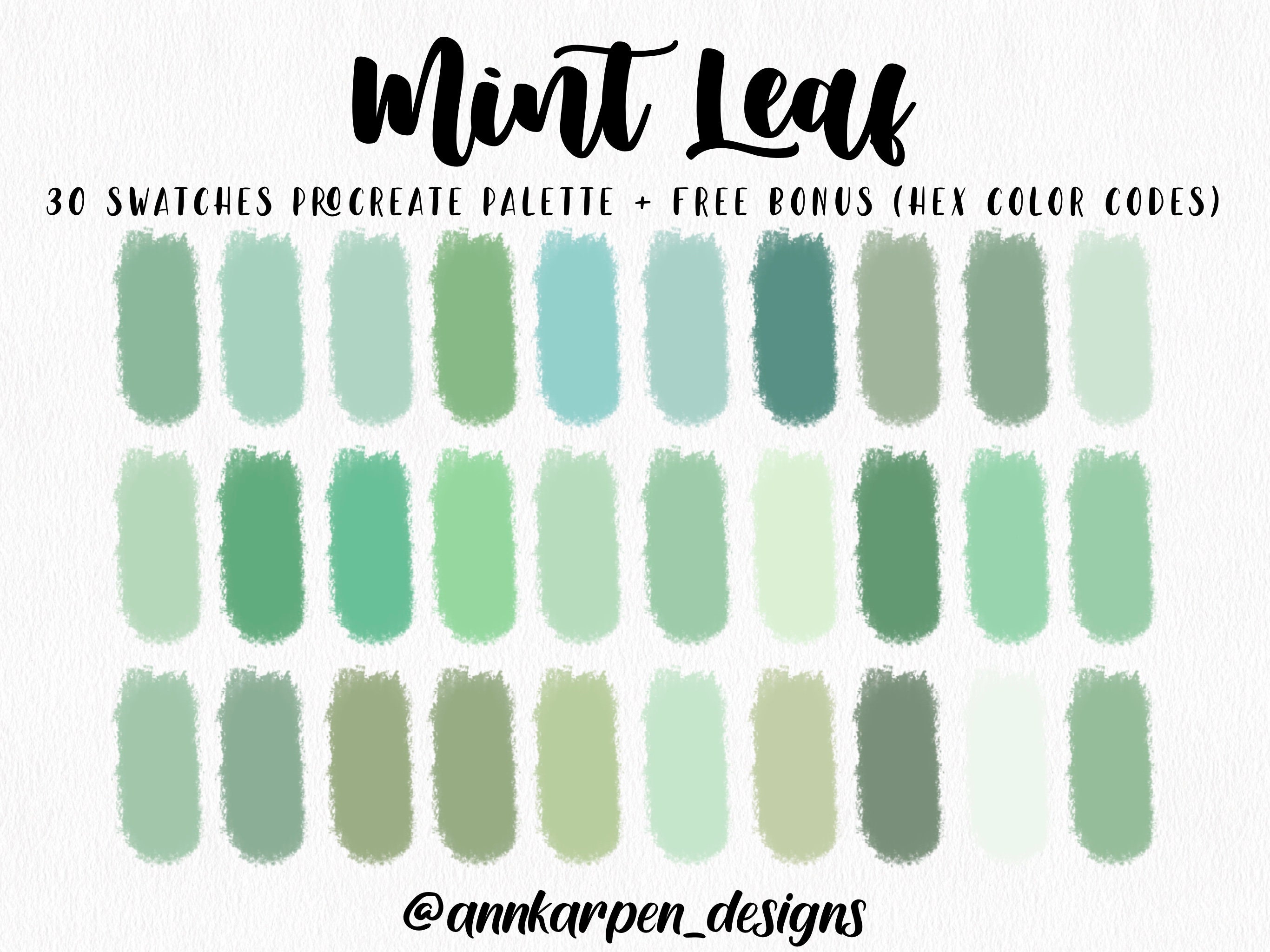 Mint Leaf Procreate Palette, 30 HEX Color Codes, Instant Digital Download,  iPad Pro Art Wedding Illustration, Cool Aqua Green Color Swatches