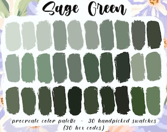 Sage Green - Procreate-palett, 30 hexagonala koder, blandade duskgröna färgprover, direktnedladdning, bra anteckningar, handplockade färger, digital planerare