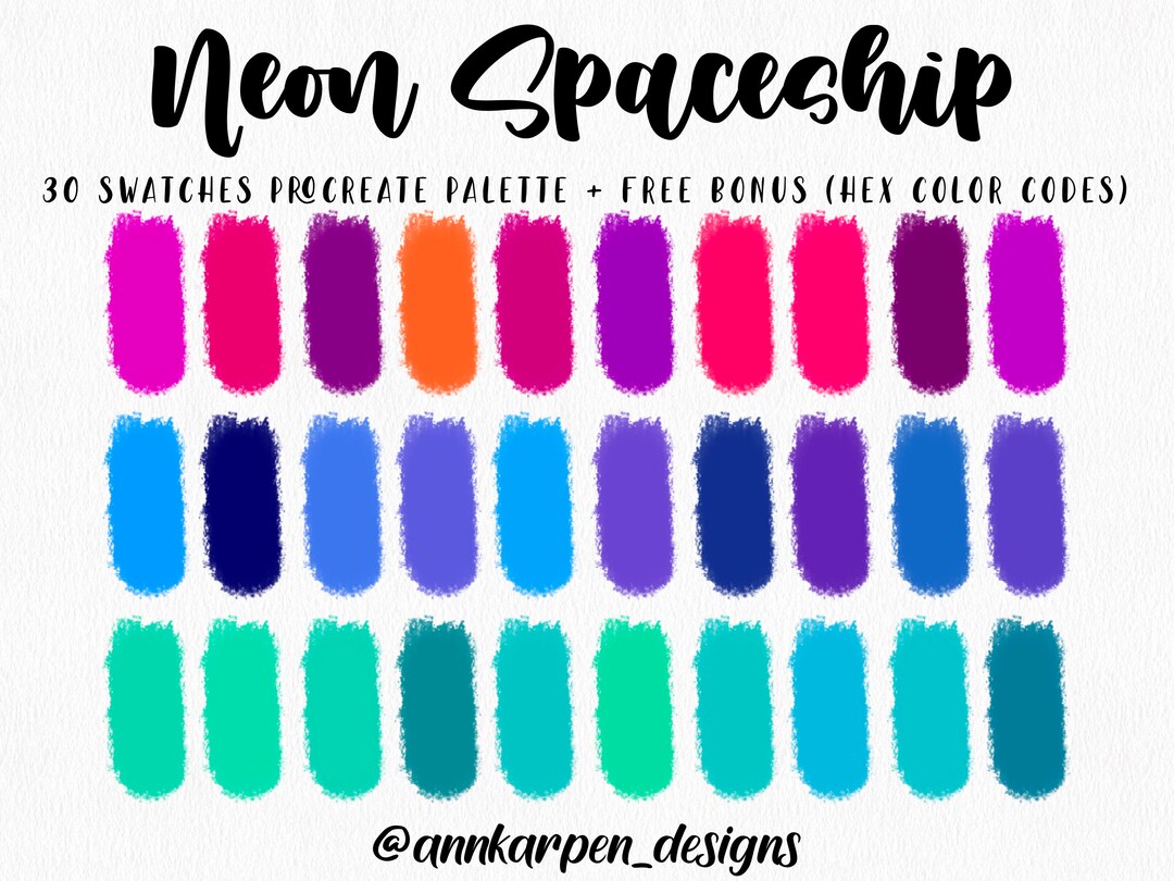 Neon Spaceship Procreate Palette, 30 HEX Color Codes, Good Notes ...