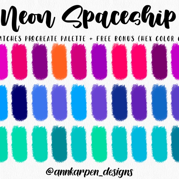 Neon Spaceship Procreate Palette, 30 HEX Color Codes, Instant Digital Download, iPad Pro Art Illustration, Vivid Boho Bright Color Swatches