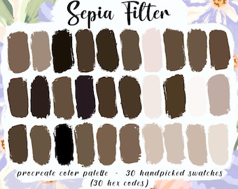 Sepia Filter Procreate Palette 30 HEX Handpicked Colors, Instant Digital Download, iPad Pro App Art Illustration, Realistic Photo Swatches