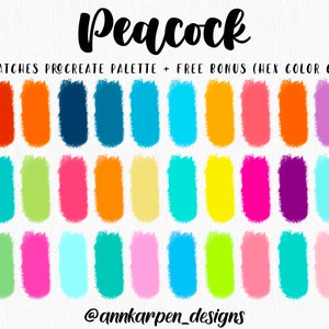 Peacock Procreate Palette, 30 HEX Color Codes Included, Assorted Bright Neon Color Swatches, Anime Illustration Tools, iPad Pro App Palette