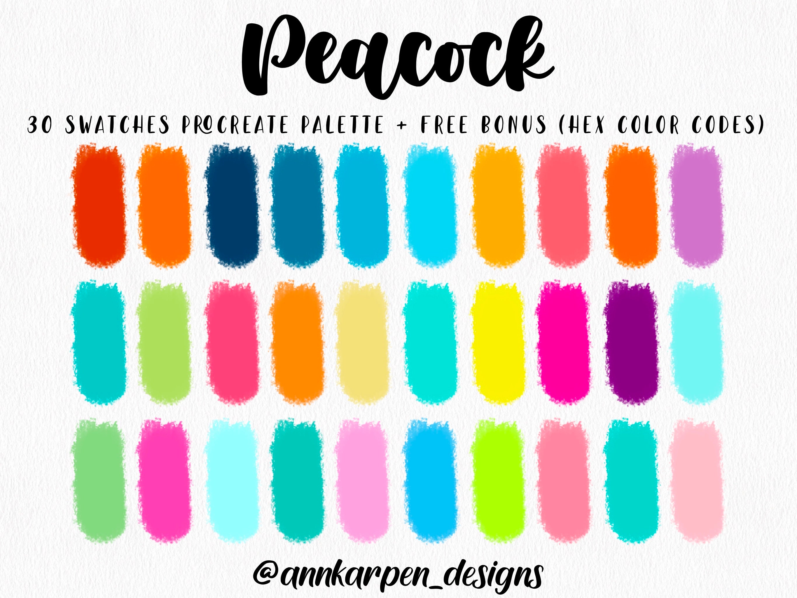 Paleta Peacock para Procreate – 30 muestras de colores neón brillantes con códigos HEX para arte en iPad y anime