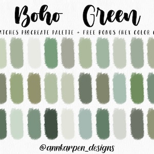 Boho Green Procreate Palette, 30 HEX Color Codes, Instant Digital Download, iPad Pro Art Illustration, Assorted Pastel Soft Color Swatches
