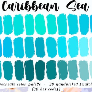 Caribbean Sea - Procreate Color Palette, 30 HEX Codes, Good Notes, Digital Planner, iPad Art, Assorted Turquoise Aqua Water Beach Swatches