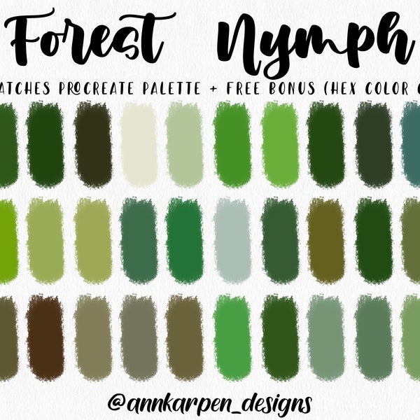 Forest Nymph Procreate Palette, 30 HEX Color Codes, Instant Digital Download, iPad Pro Art Illustration, Assorted Intense Green Color Swatch