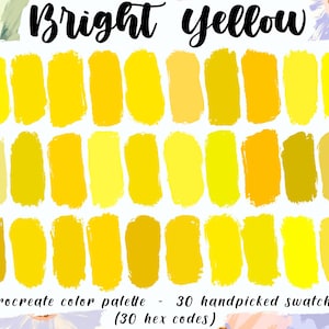 Heldergeel - Procreate-palet, 30 hexadecimale codes, goede notities, instant digitale download, iPad Pro Art, digitale planner, zonnige kleurstalen