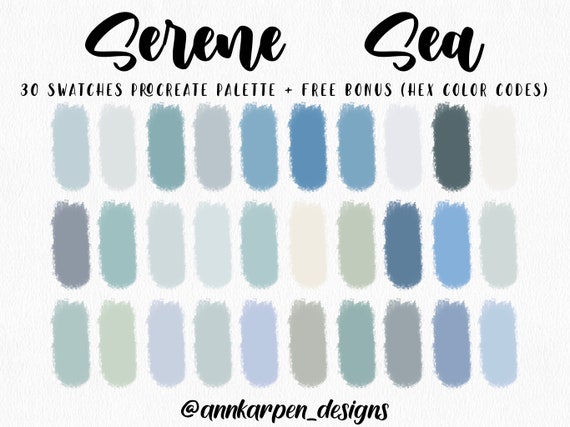 Serene Sea Procreate Palette, 30 HEX Color Codes, Instant Digital Download,  iPad Pro App, Art Illustration, Assorted Washed Color Swatches