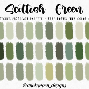 Schots groen procreate-palet, 30 hexadecimale codes, goede notities, Wicca Digital Planner, iPad Pro, landschapsillustratie, warme kleurstalen