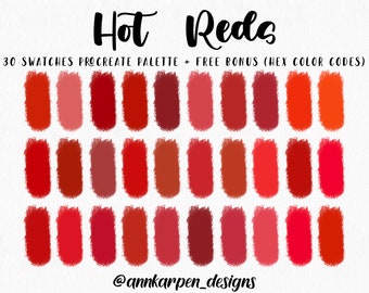 Hot Reds Procreate Palette, 30 HEX Color Codes, Instant Digital Download, iPad Pro Art, Love Illustration, Intense Red Color Swatches