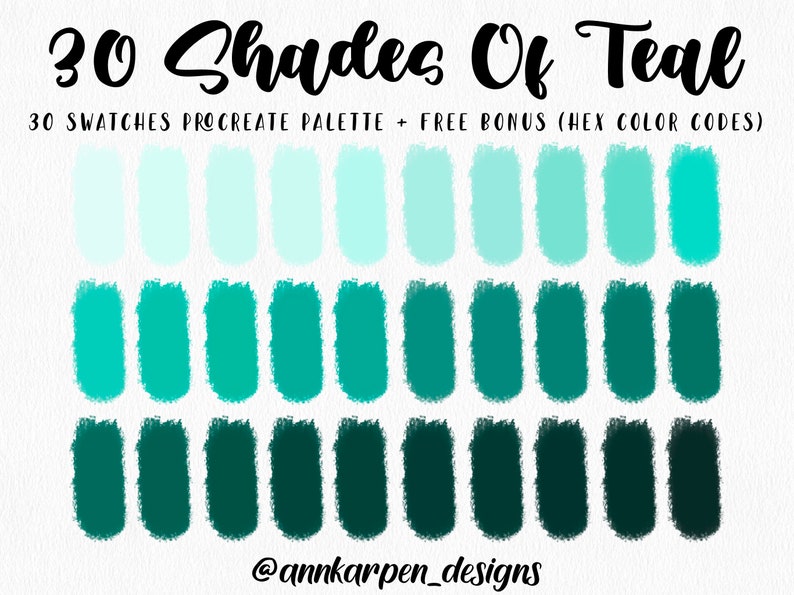 30 Shades Of Teal procreate color palette assorted green ombre swatches with hex codes by AnnKarpenDesigns on Etsy.